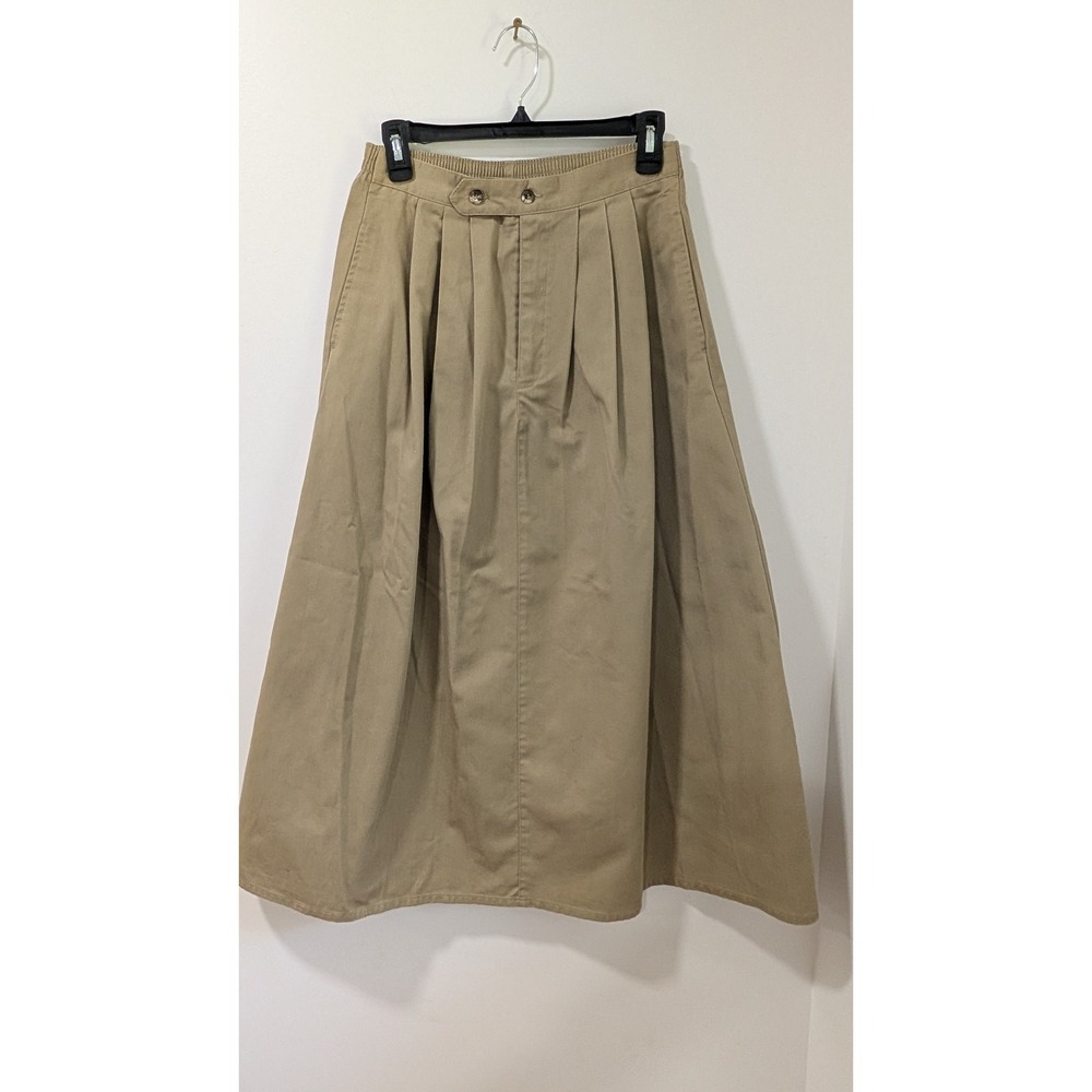 Vintage Essentials Khaki Pleated Midi Skirt Tan Twill Made in USA Size 12